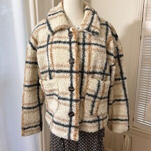 Stoosh Women Sherpa Fleece Plaid Button Front Jacket Cream Tan Black Small